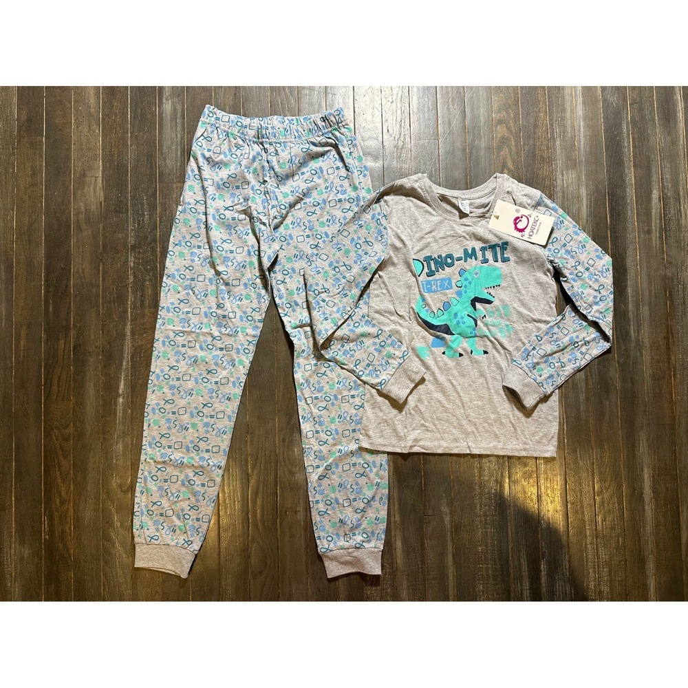 Hoatekc Kids Dino-Mite T-Rex Pajama Set Gray‎ Teal Dinosaur Sleepwear 2-Piece